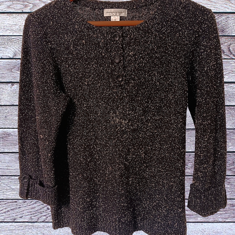 Women's Christopher & Banks Pullover Knit Top Blk/Gray Size Medium Poly/Cotton